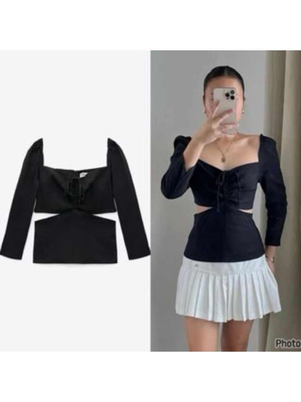 Zara black cut-out puff long sleeve drawstring sweetheart top blouse M NWOT